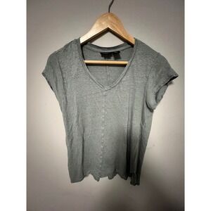 Tahari V-Neck Top Women L Green Pre-owned 100% Linen Slub Knit Tee